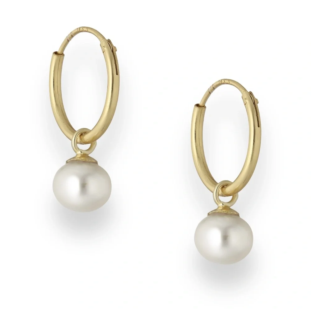 14k Gold Sterling Silver White Freshwater Pearl Huggie Hoop Earrings - Picture 1 of 2
